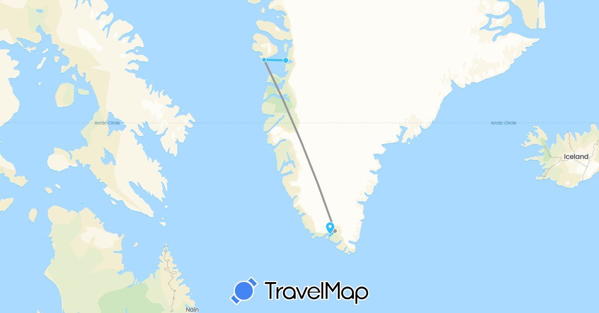 TravelMap itinerary: plane, boat in Greenland (North America)